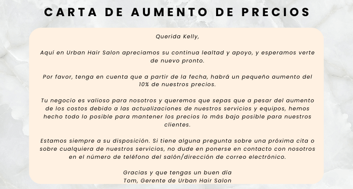Carta de aumento de precios