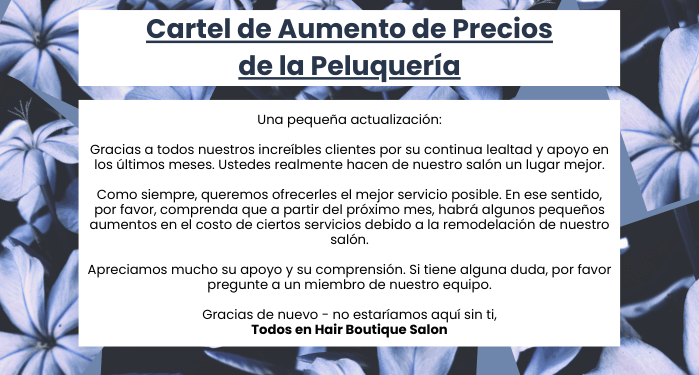 Cartel de aumento de precios de la peluquer&iacute;a
