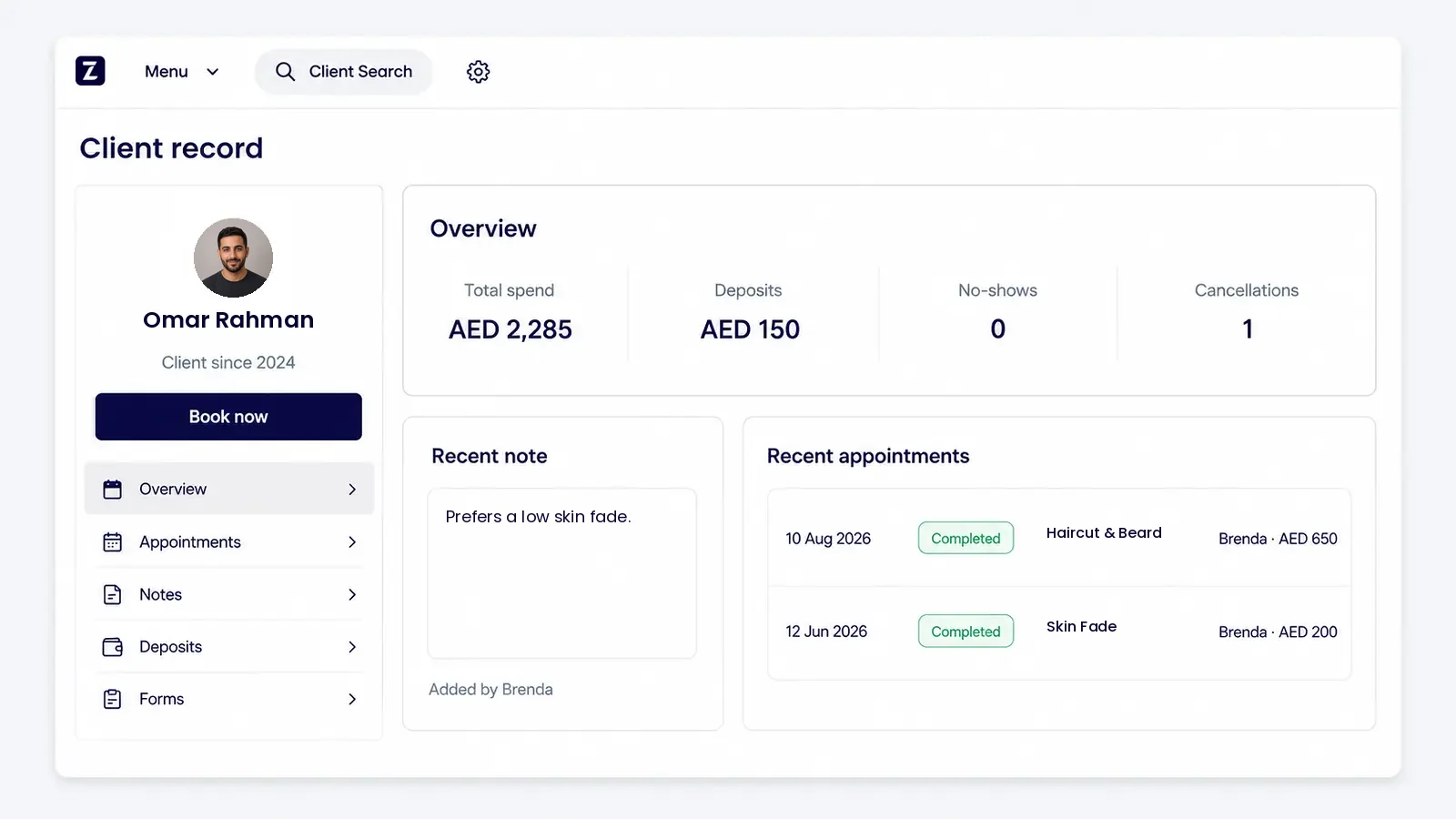 Zolmi barbershop client record showing visit history, preferences, deposits and spending in CAD.