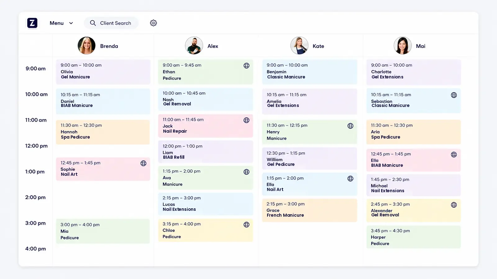Zolmi nail salon calendar showing technician schedules and nail appointments in CAD.