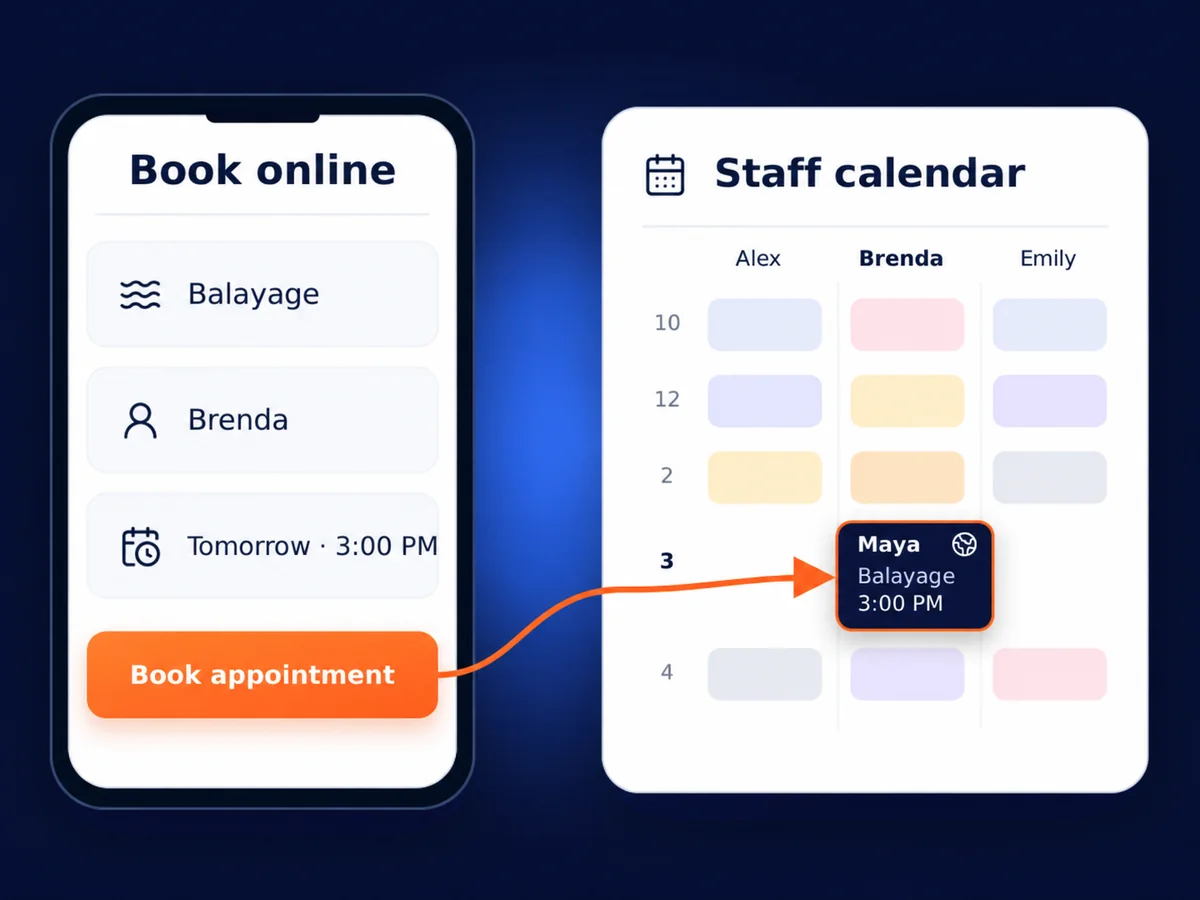 Online salon booking screen where a client chooses a service, staff member, and appointment time.