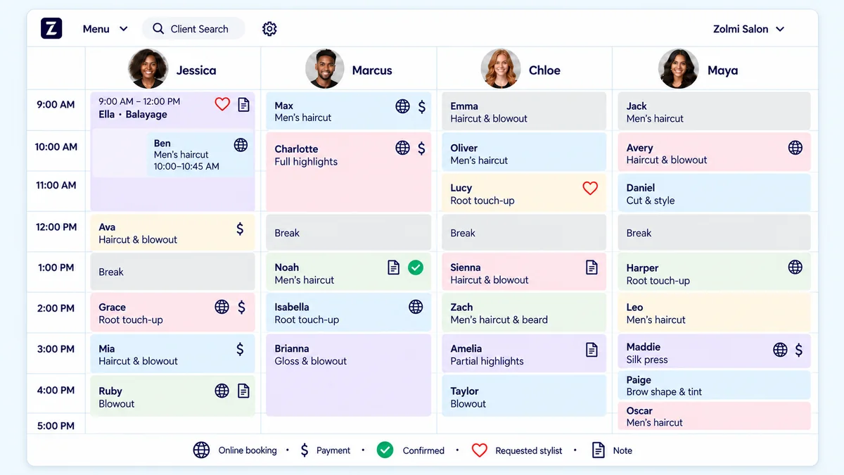 Colour-coded salon calendar showing appointments across several staff members, prices in CAD.